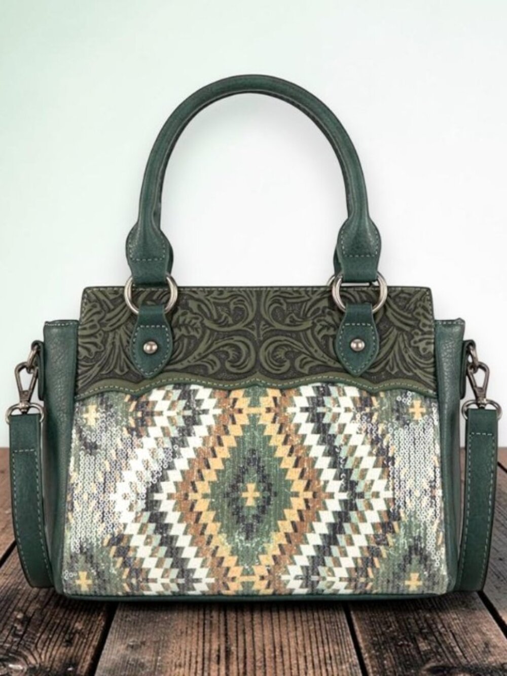 Montana West Green Tooled Aztec Tote Crossbody Bag - New